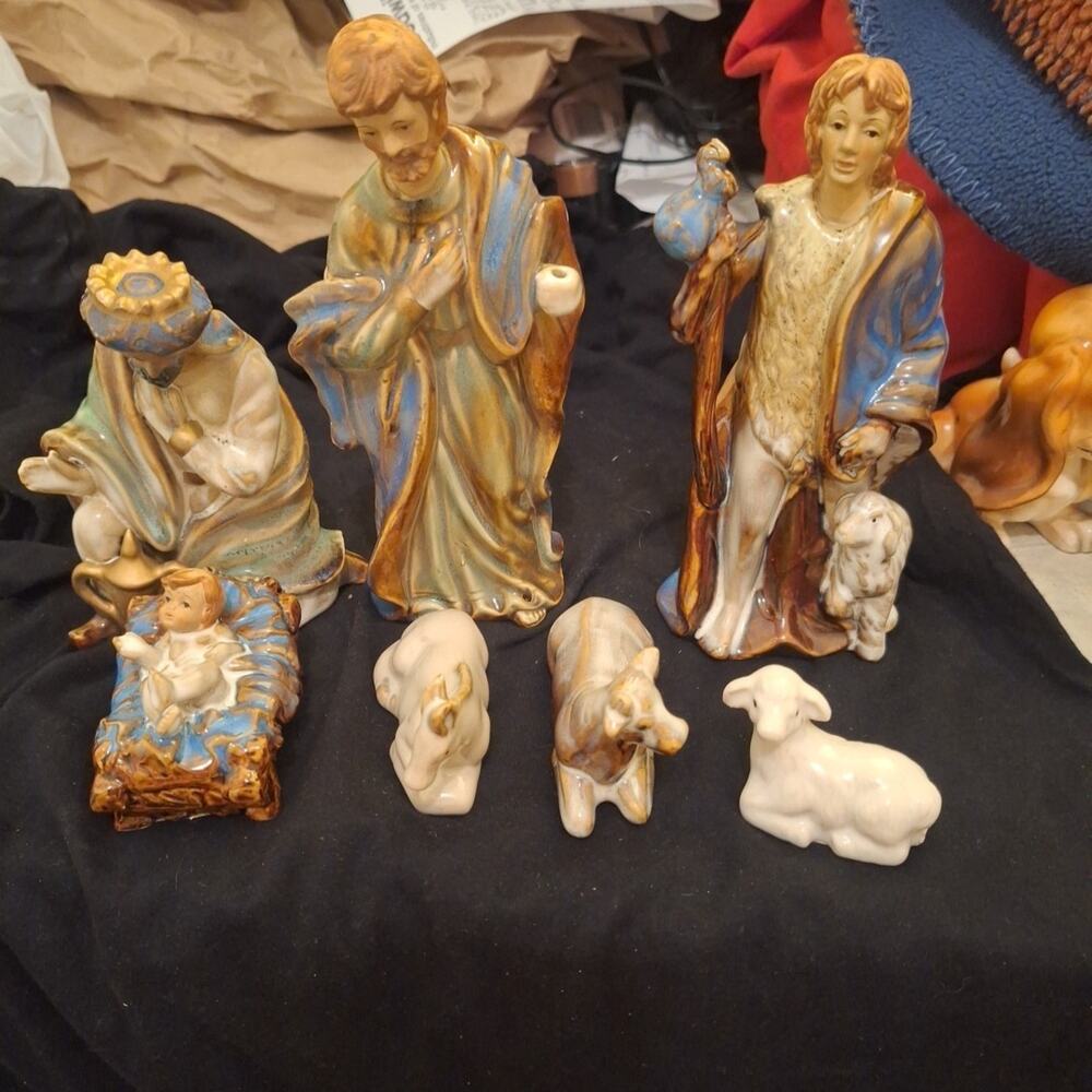 7pc Artisan Glazed NATIVITY Set King Shepherds Missing Staff 3 Animals And Baby